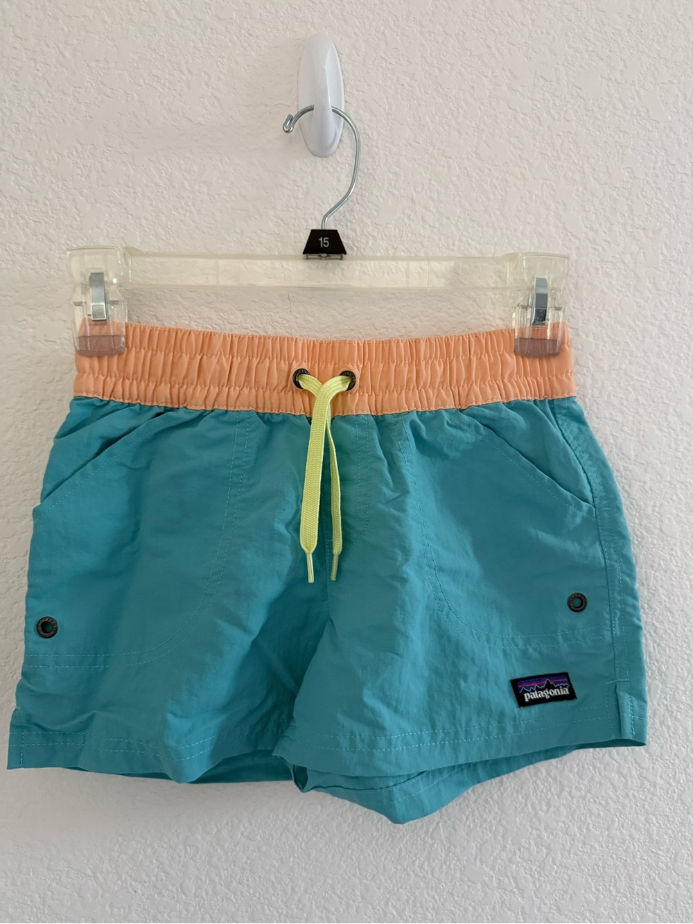 Patagonia Teal Girls Baggies Shorts with Peach Waistband and Neon Drawstring